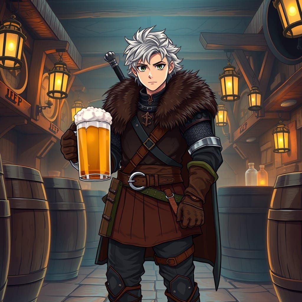 Young Witcher with Beer in Lively Anime Tavern