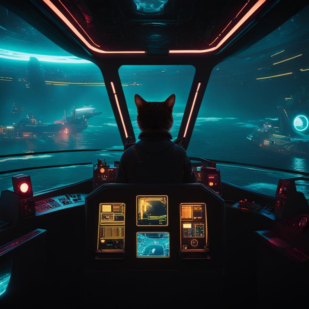 Cyberpunk Cat Submarine Pilot in Neon