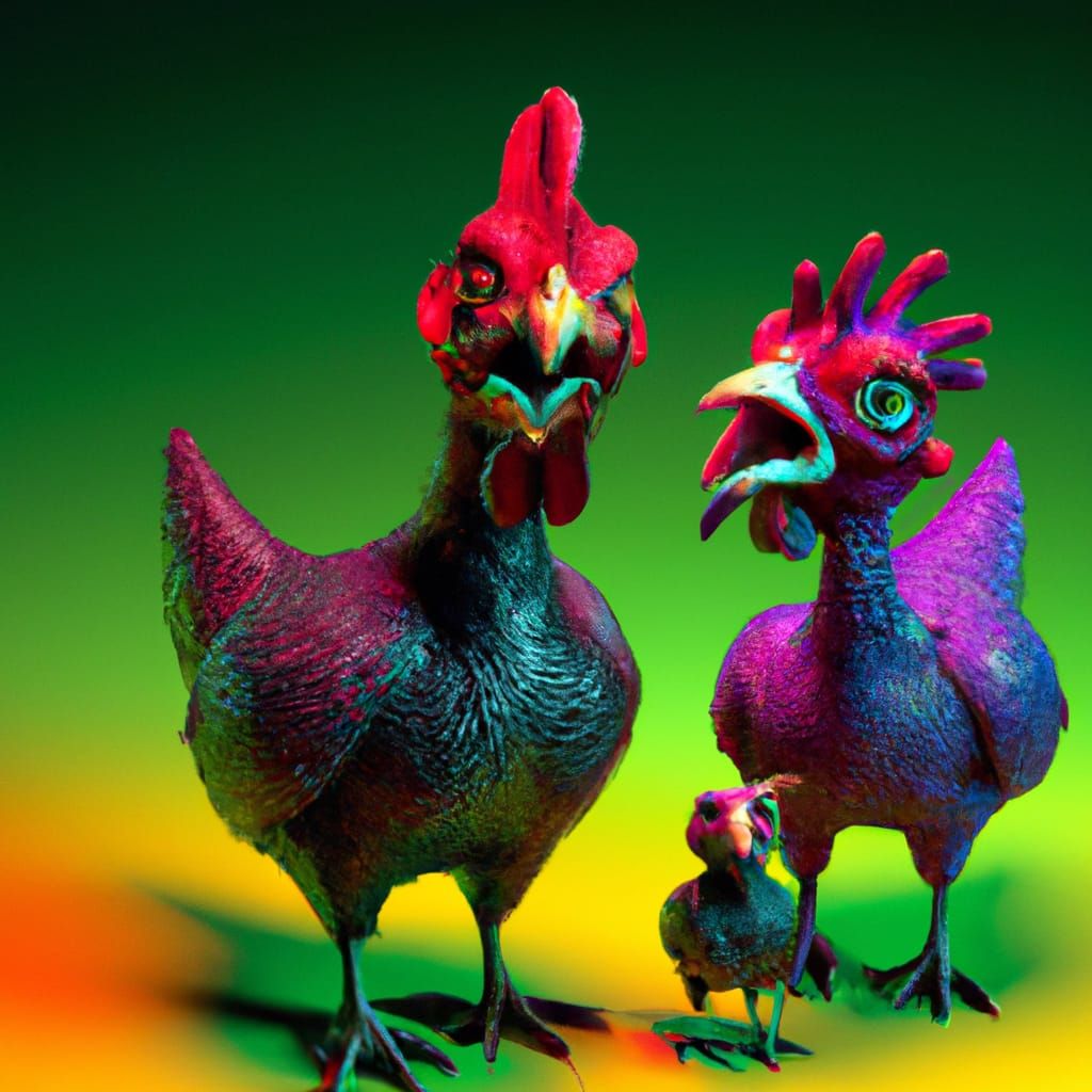 Colorful Chicken Family in Vibrant 3D Art