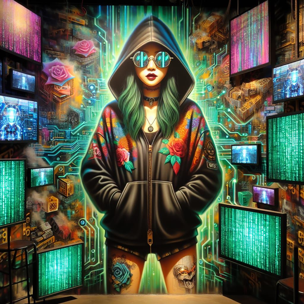 Futuristic Hacker in Graffiti Lair: Digital Art