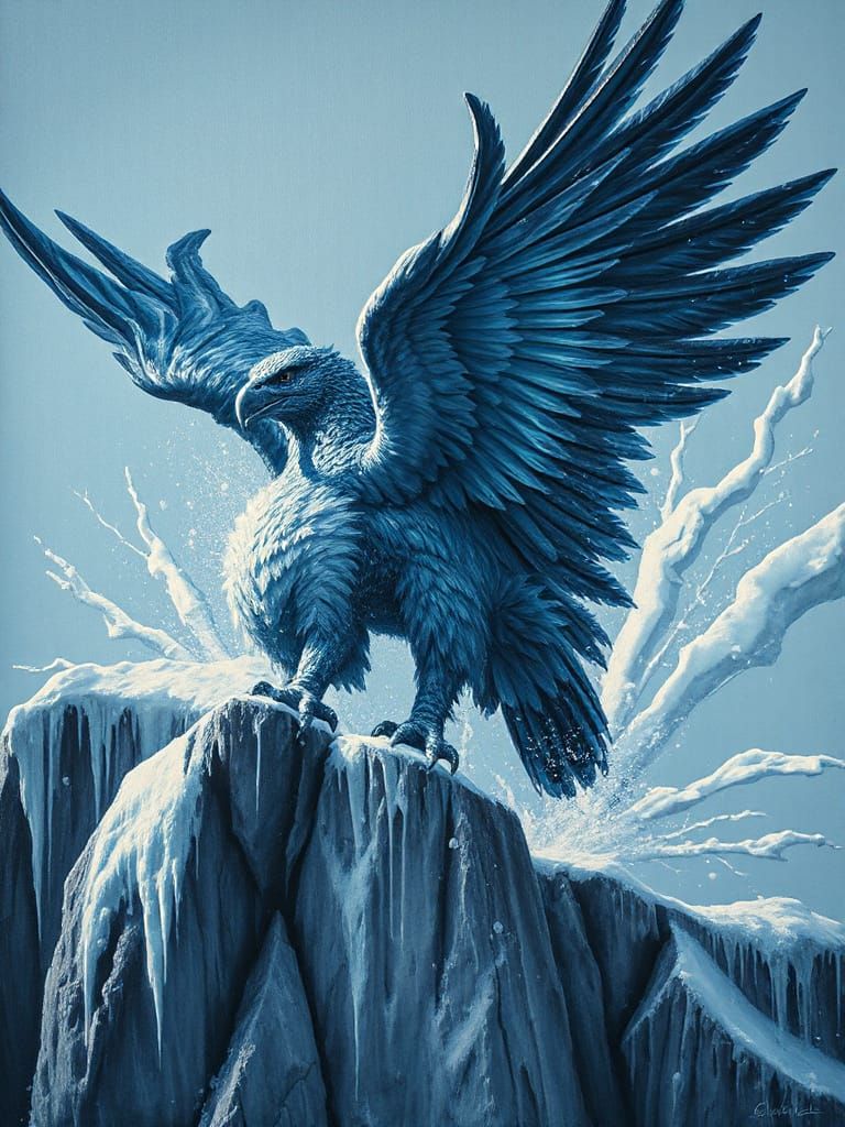 Diamond Frost Griffin Emerging from Snowy Mural Cliff