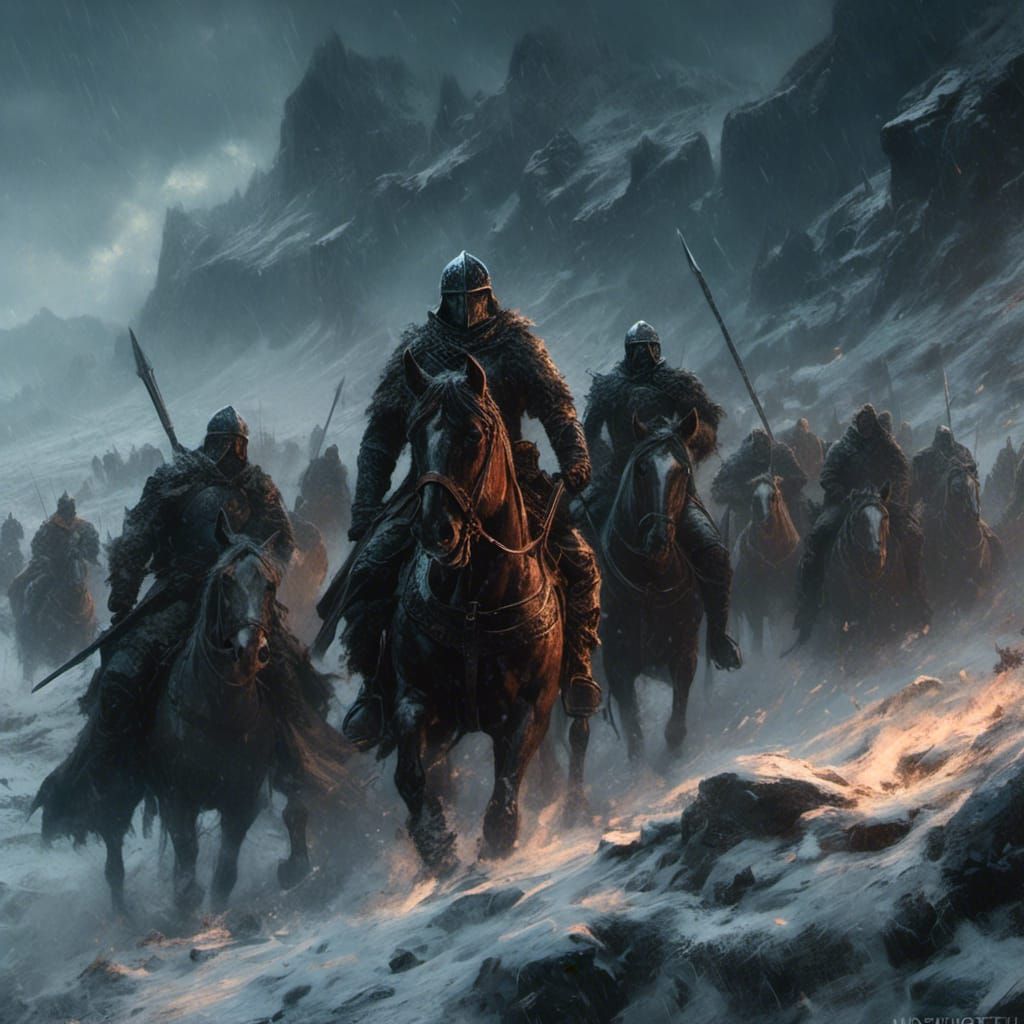 Medieval Marine Army in Dark Skyrim Landscape