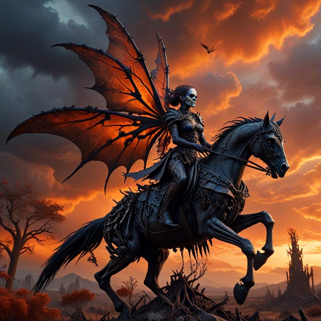 Gothic Fairy Rides Warhorse Through Apocalyptic Land