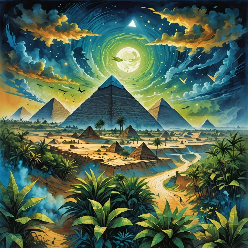 Giza Pyramids Shrouded in Surreal Glowing Plants