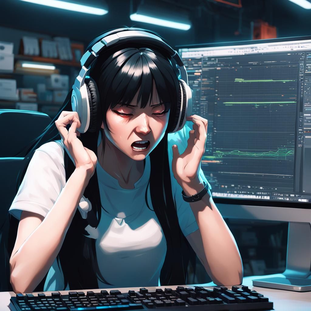 Anime Woman Screaming at Broken Keyboard in 3D