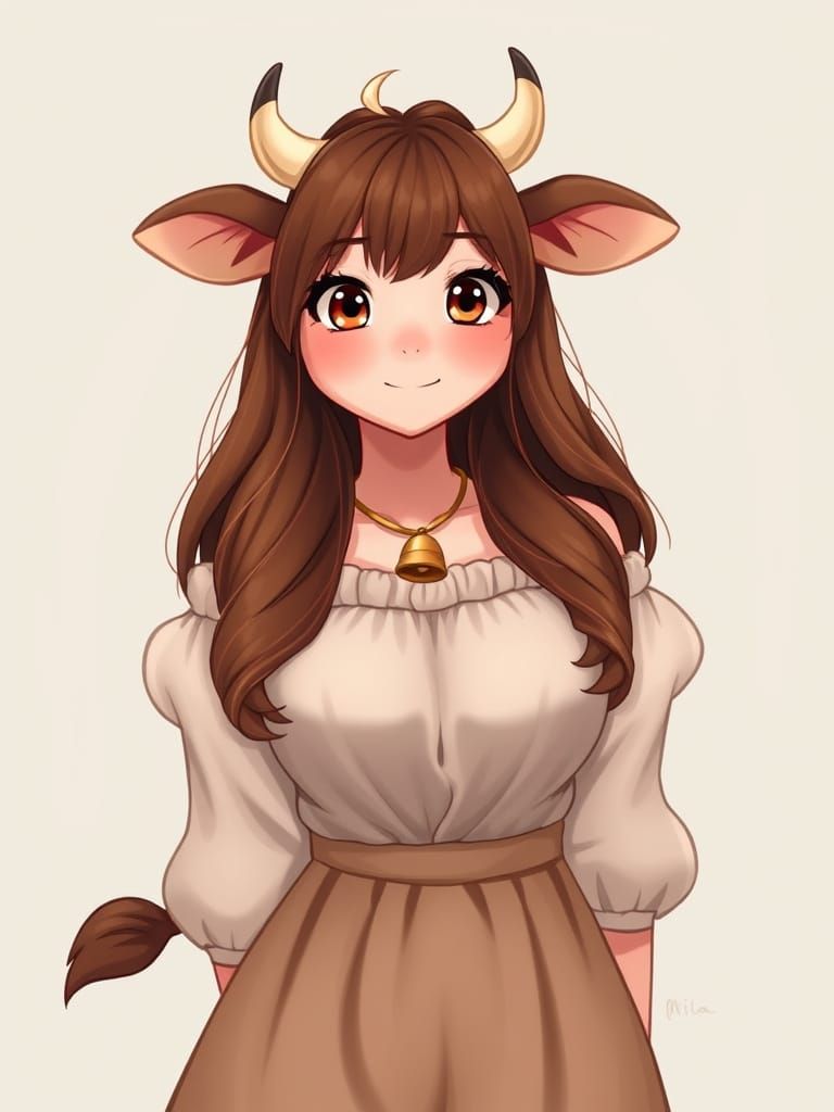 Enchanting Cow Hybrid Woman in Gentle Attire