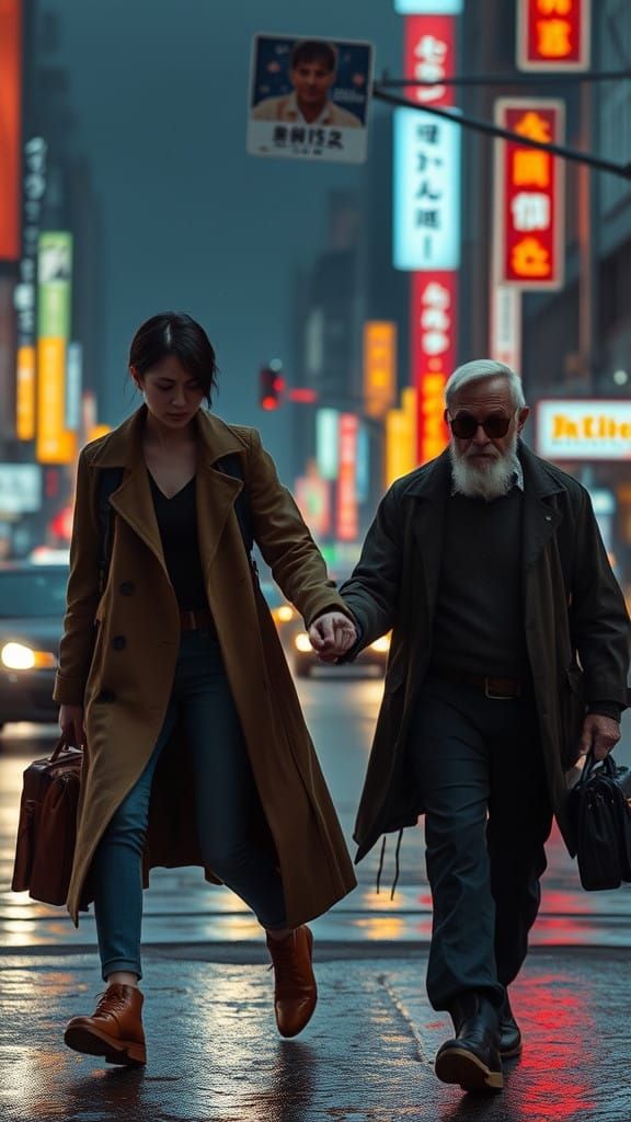 Cyberpunk Dystopia: Young Woman Helps Elderly Man Cross Busy...