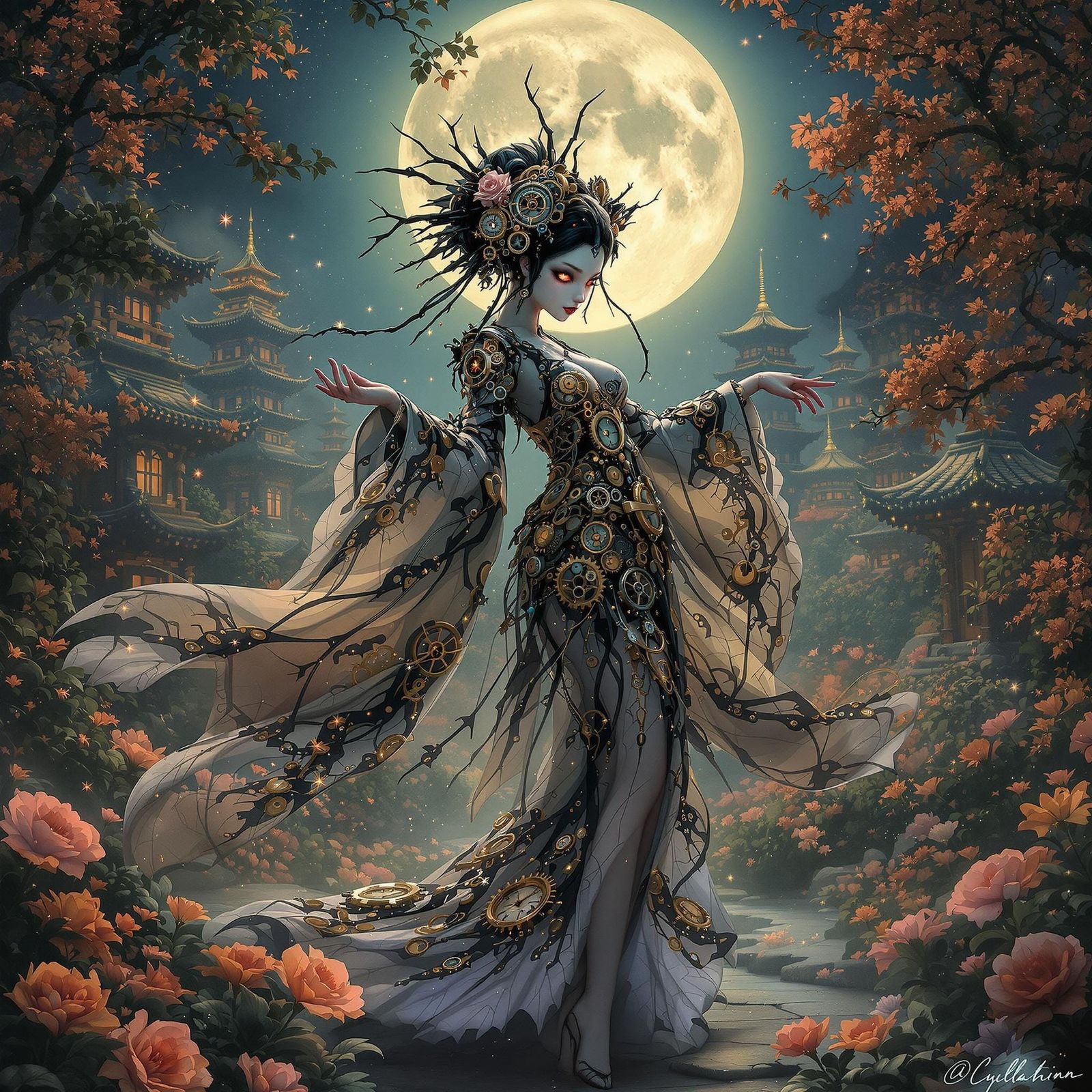 Gothic Cyborg Geisha Dancing in Moonlit Garden