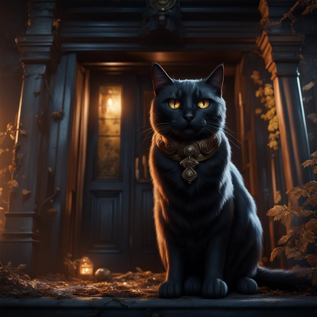 Abandoned House with Skulls and Black Cat