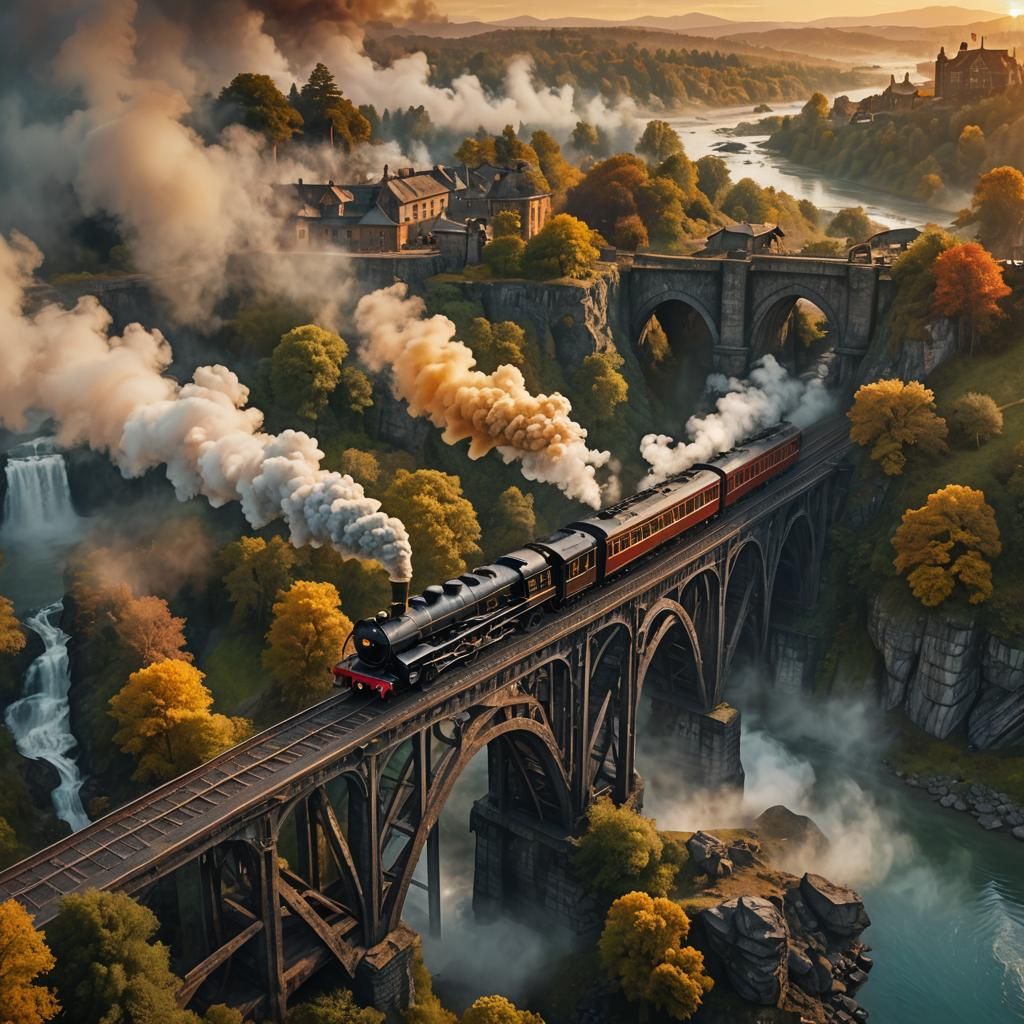 Majestic Steam Train on Ancient Bridge: Digital Art