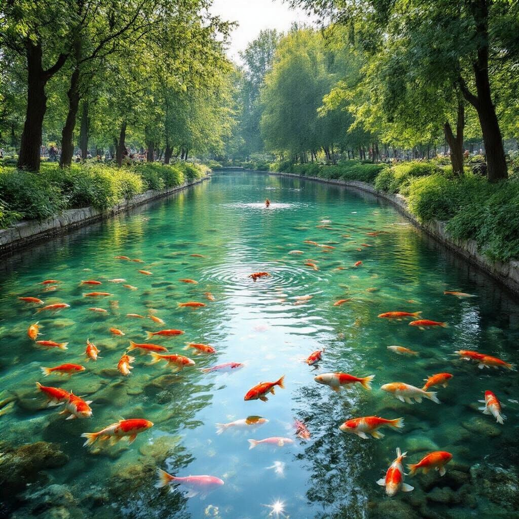 Summer Park Pond with Goldfish