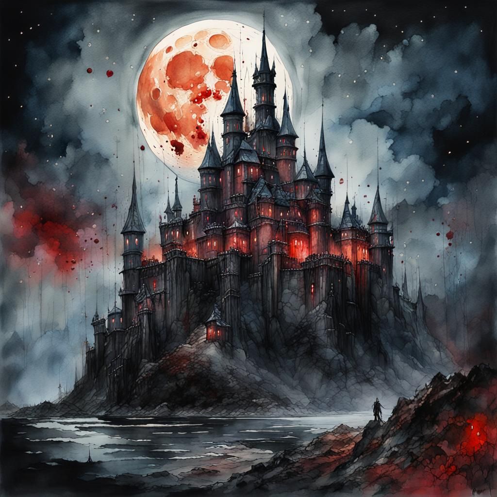 Blood-Splattered Obsidian Castle Under the Moon