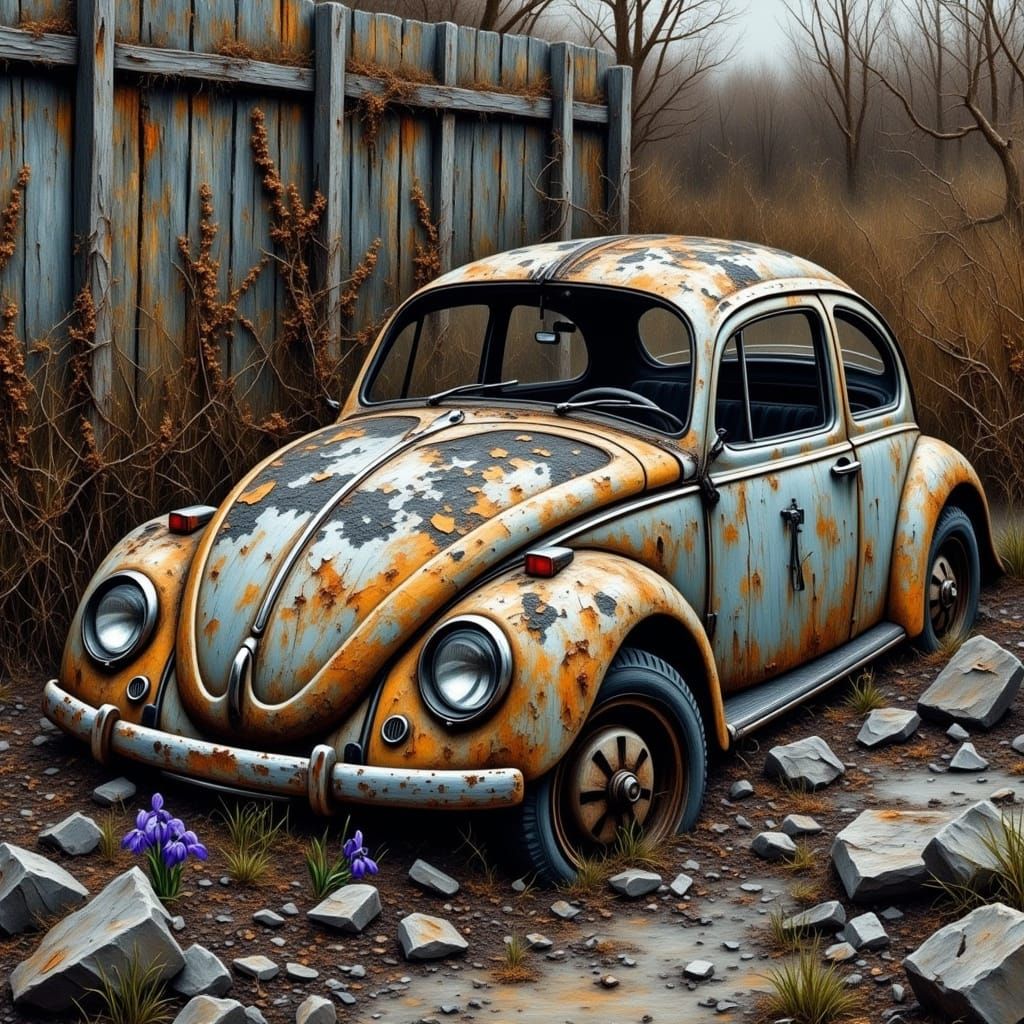 Abandoned VW Beetle in Post-Apocalyptic Grunge