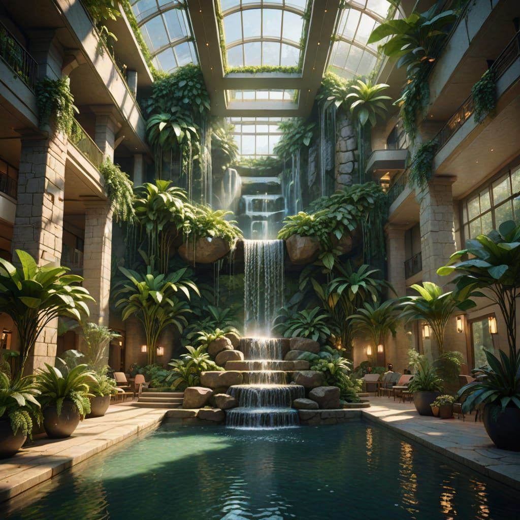 Biophilic Atrium With Indoor Waterfall, Photorealistic