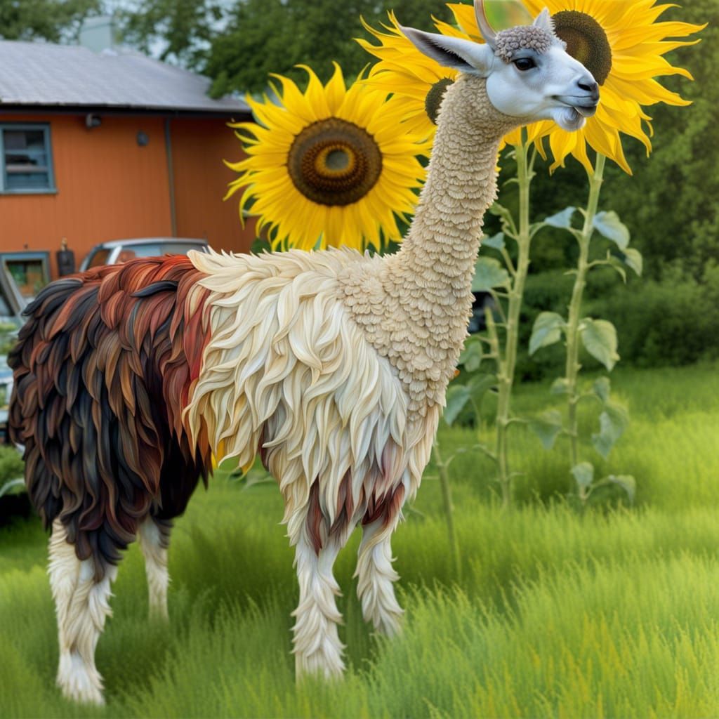 Anthropomorphic Llama in Sunflower Field, Fantasy Art