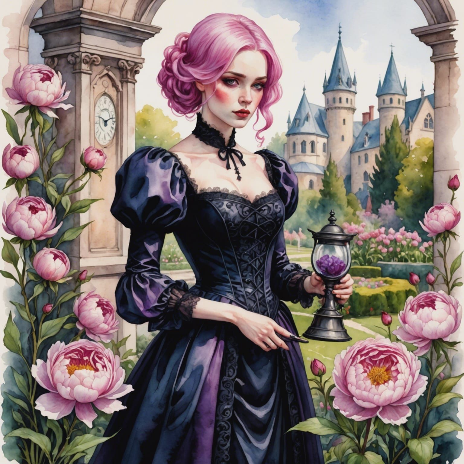 Woman Picking Peony in Watercolor Style