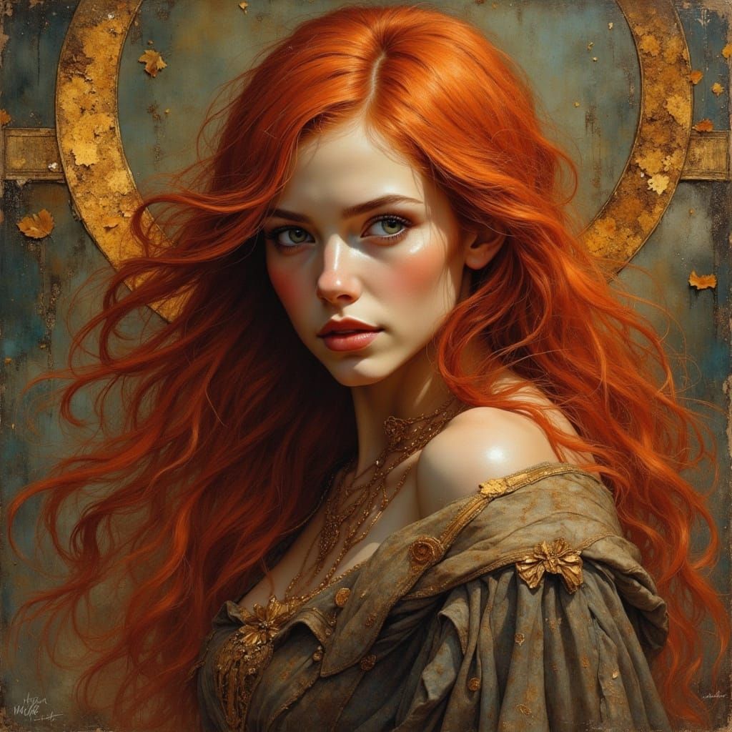 <lora:Flux - Painterly:0.5> <lora:Concelo:0.3> in the style of an ancient shroud, a painting of a woman with long red ha...