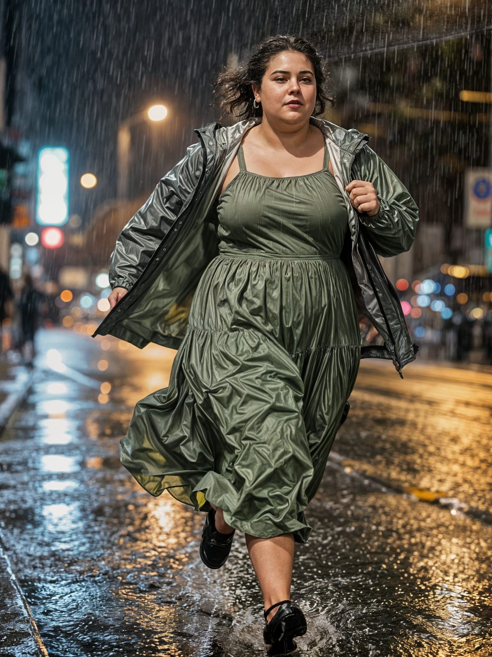 Woman Runs Through Urban Rain at Night