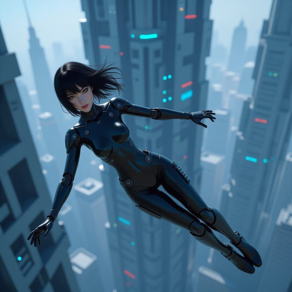 Cyborg Woman Falls from Skyscraper in 3D Anime Style