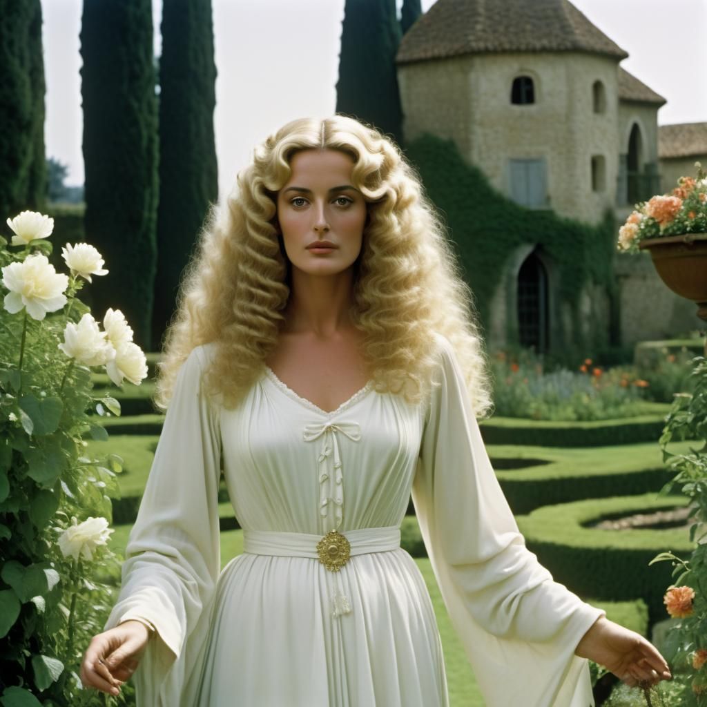 Young Woman with Blonde Curls in Garden