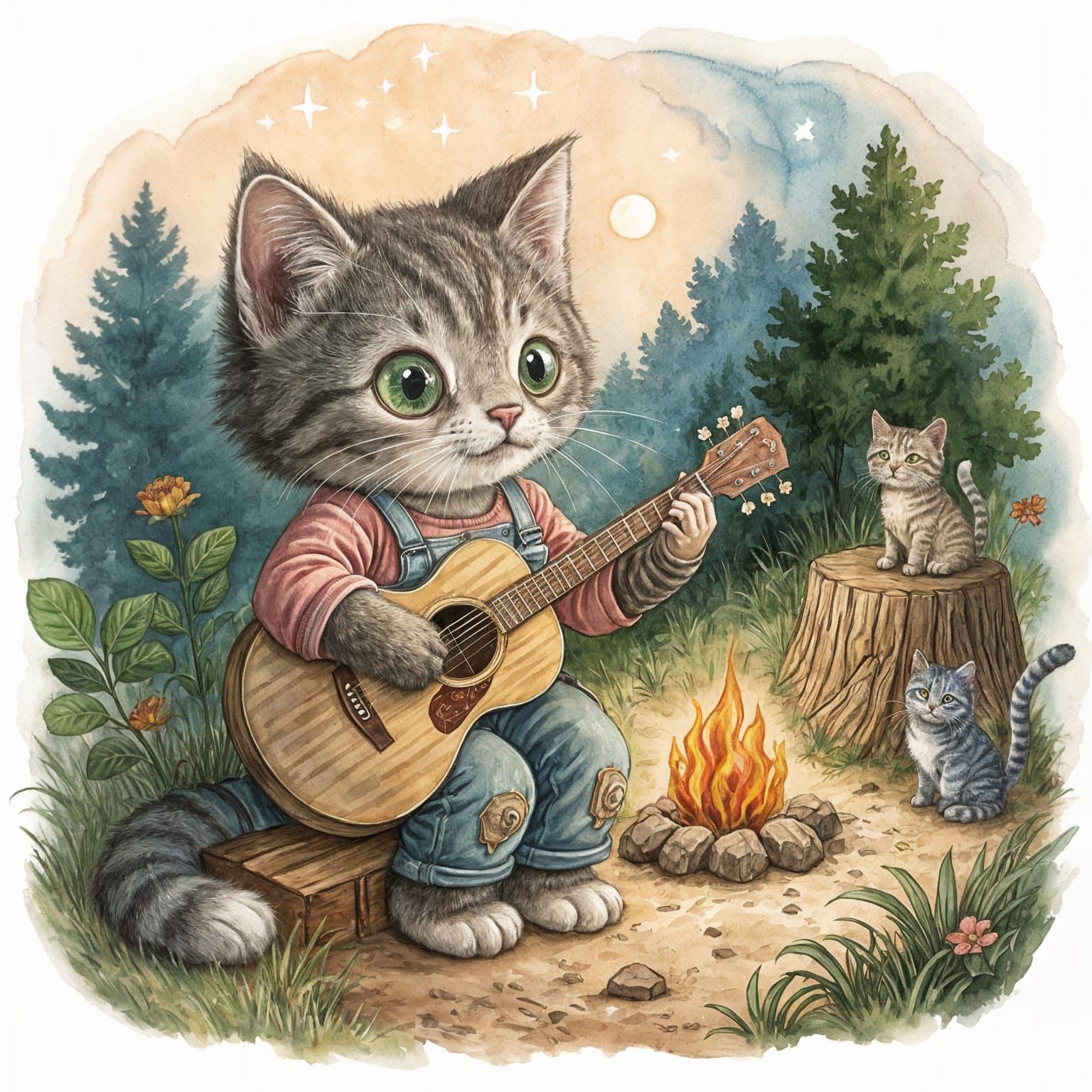 Vintage Whimsical Kitten Rockstar in Watercolor Style