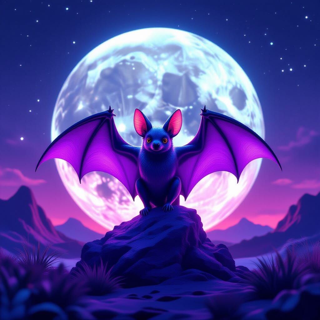 Amethyst Fruit Bat in Synthwave Landscape