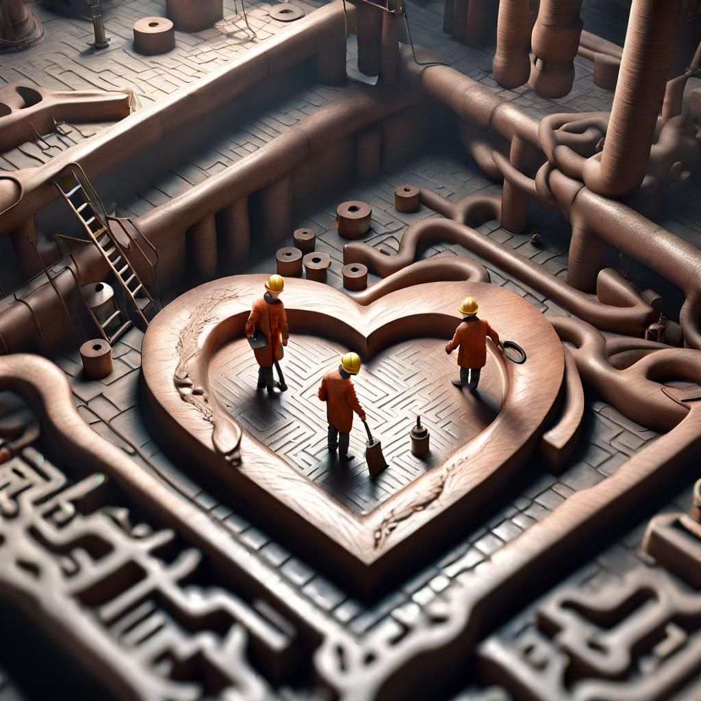 Surreal Heart Sculpture with Tiny Human Workers