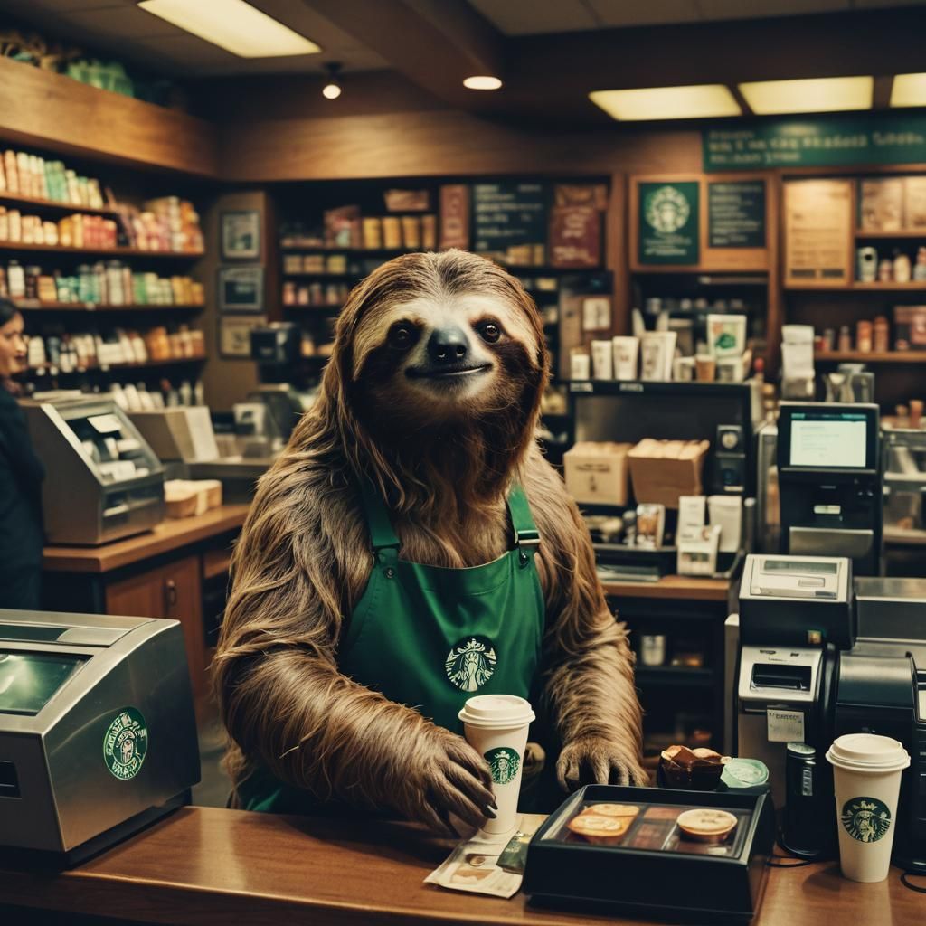 Sloth Barista: Cinematic Film Still at Starbucks