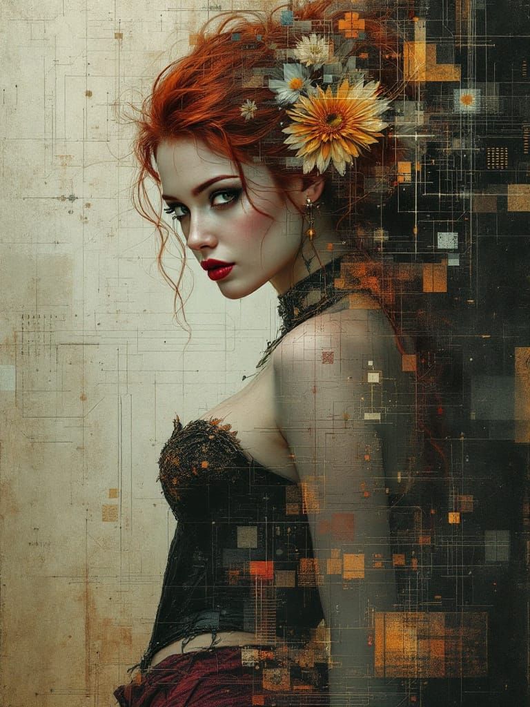 Redhead Pin-Up Woman: Renaissance meets Glitch Art