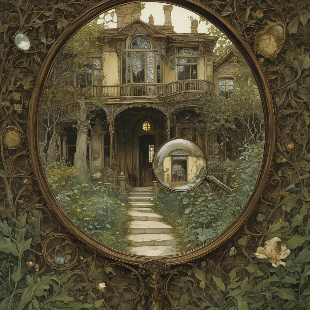 Girl Exploring House with Mirror, Art Nouveau Style