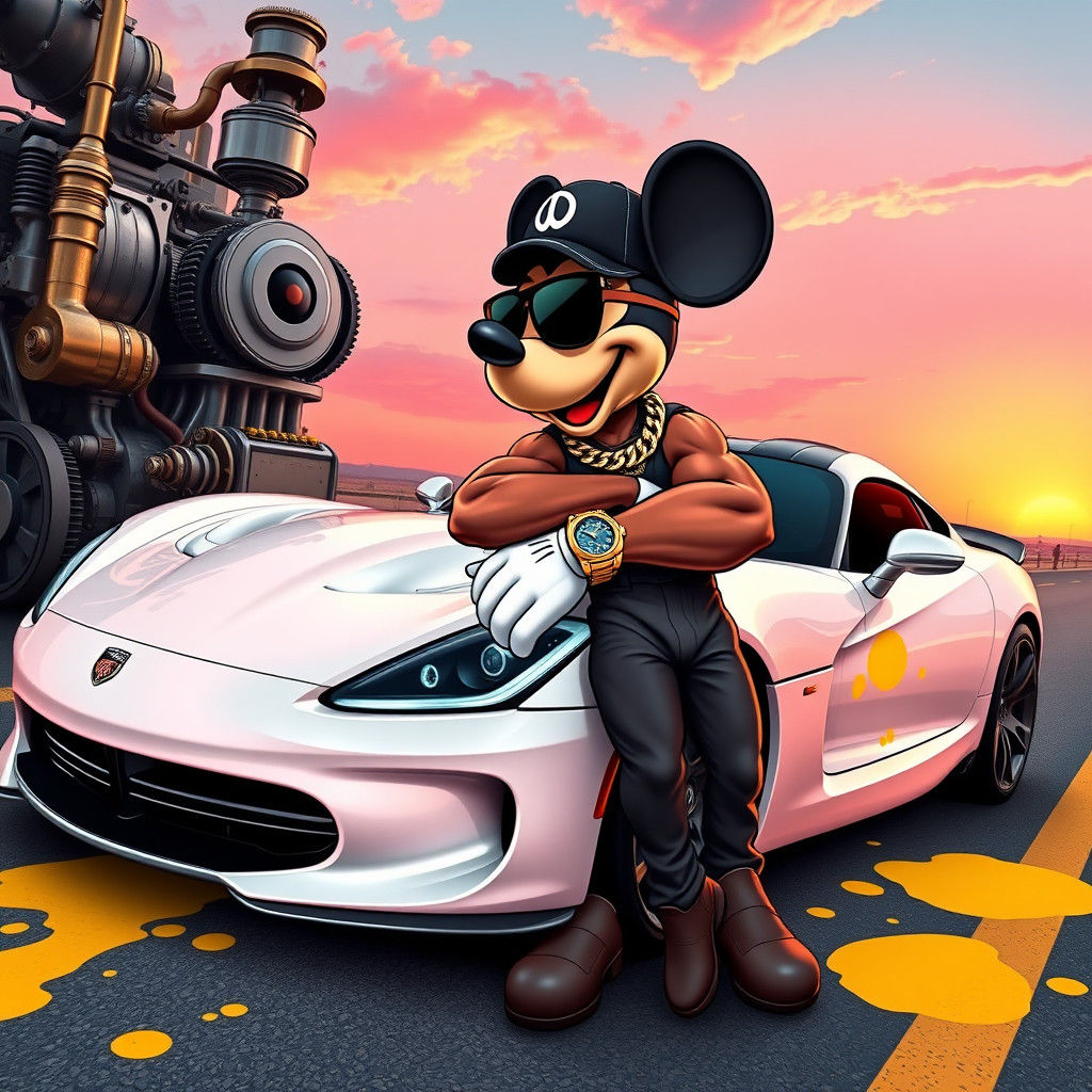 Mickey Mouse Bodybuilder in Steampunk Car