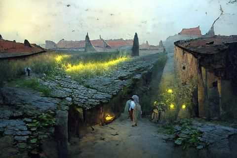 Roman Cobblestone Streets with Fireflies, Spitzweg Style