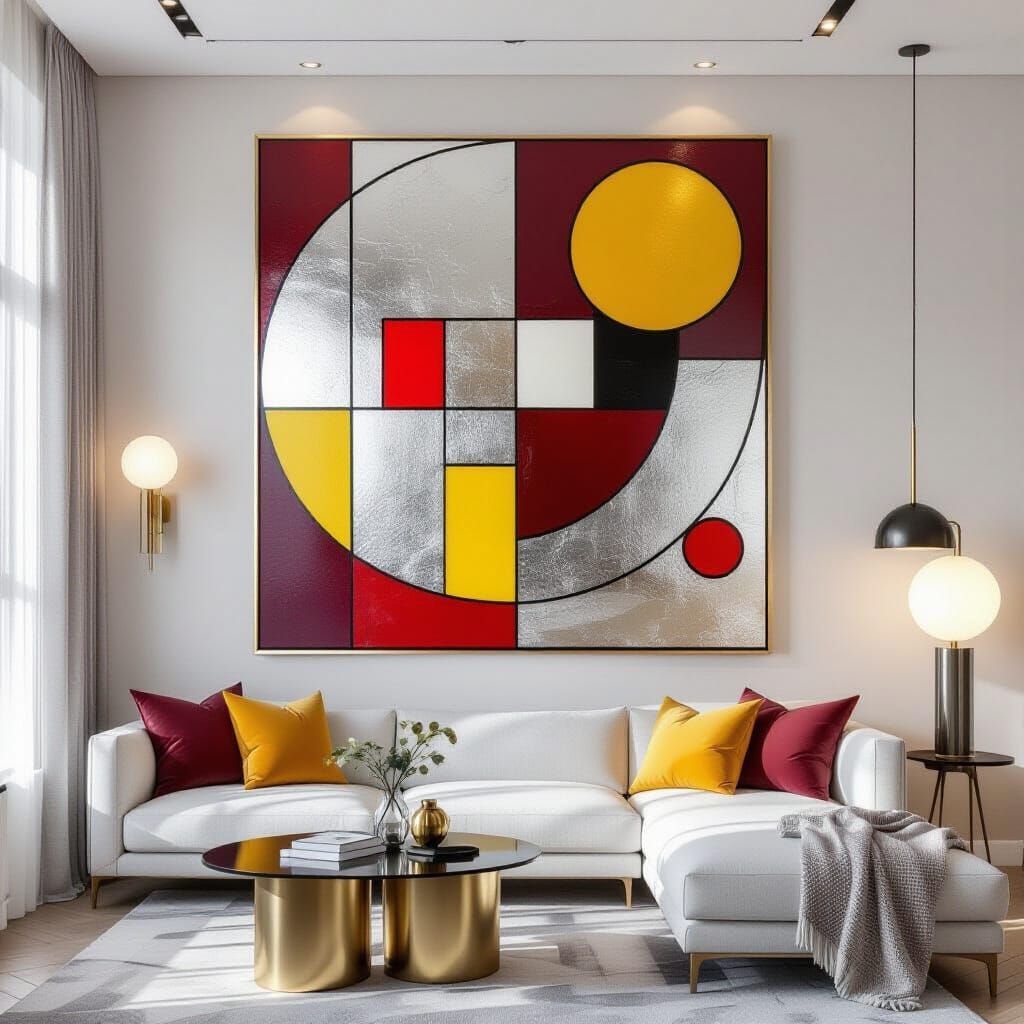 Geometric Abstract Painting With Metallic Accents in Opulent...