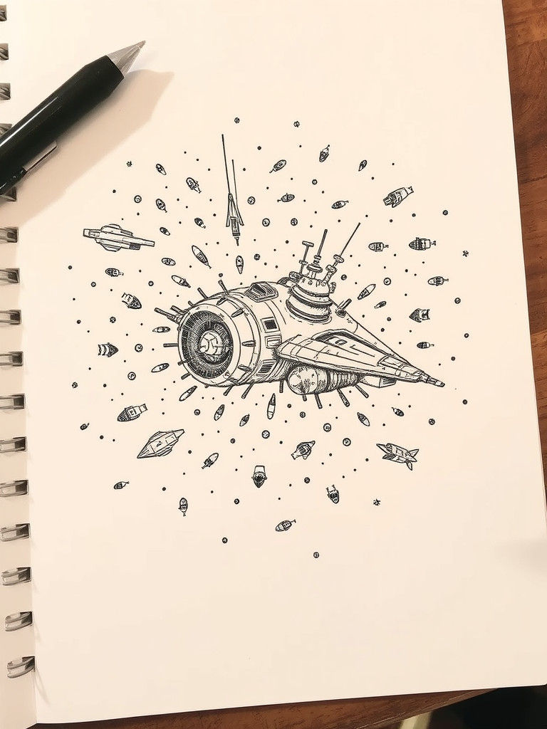 Hand-Drawn Spaceship Doodle in Black and White