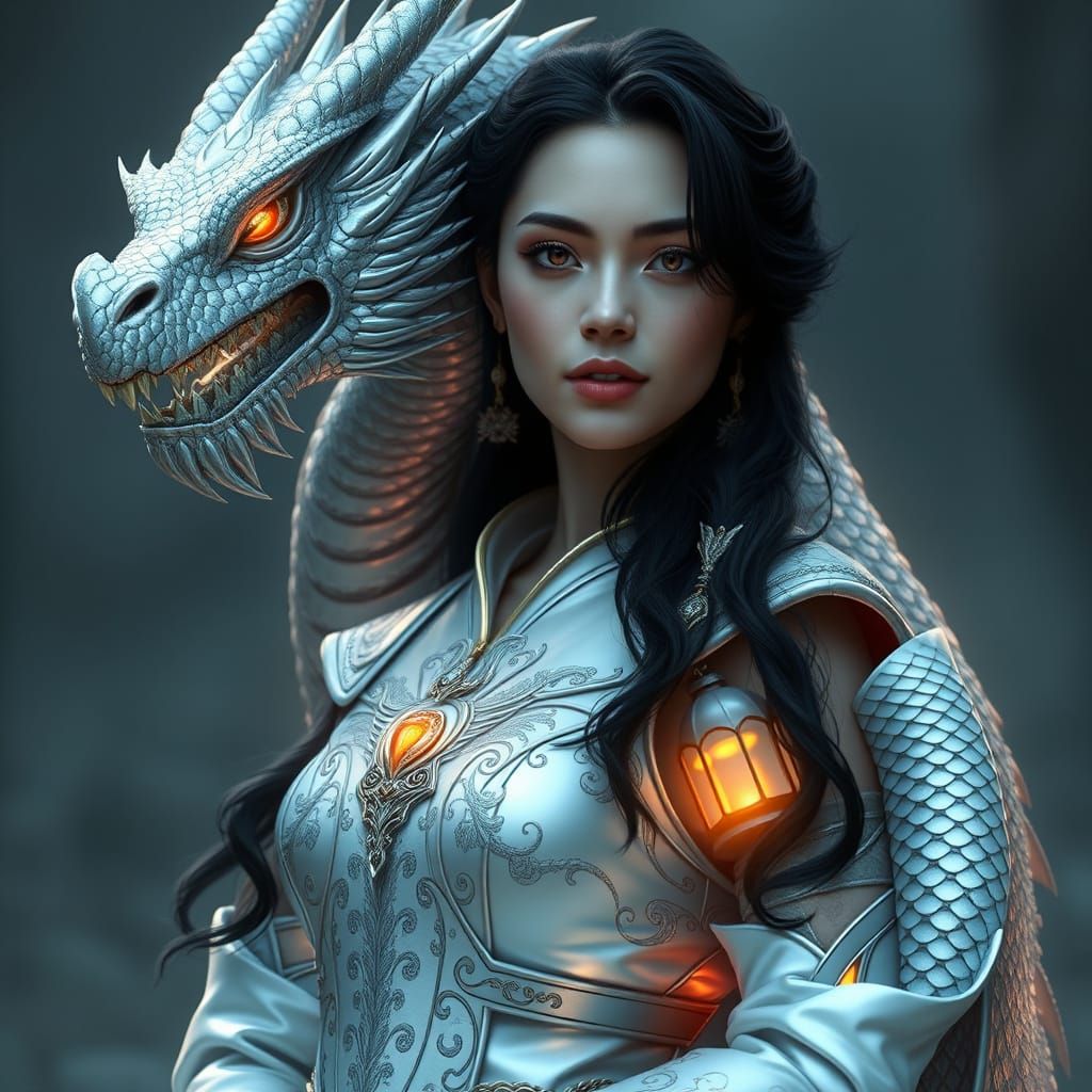 Regal Woman with Majestic Silver Dragon in Ethereal Aura