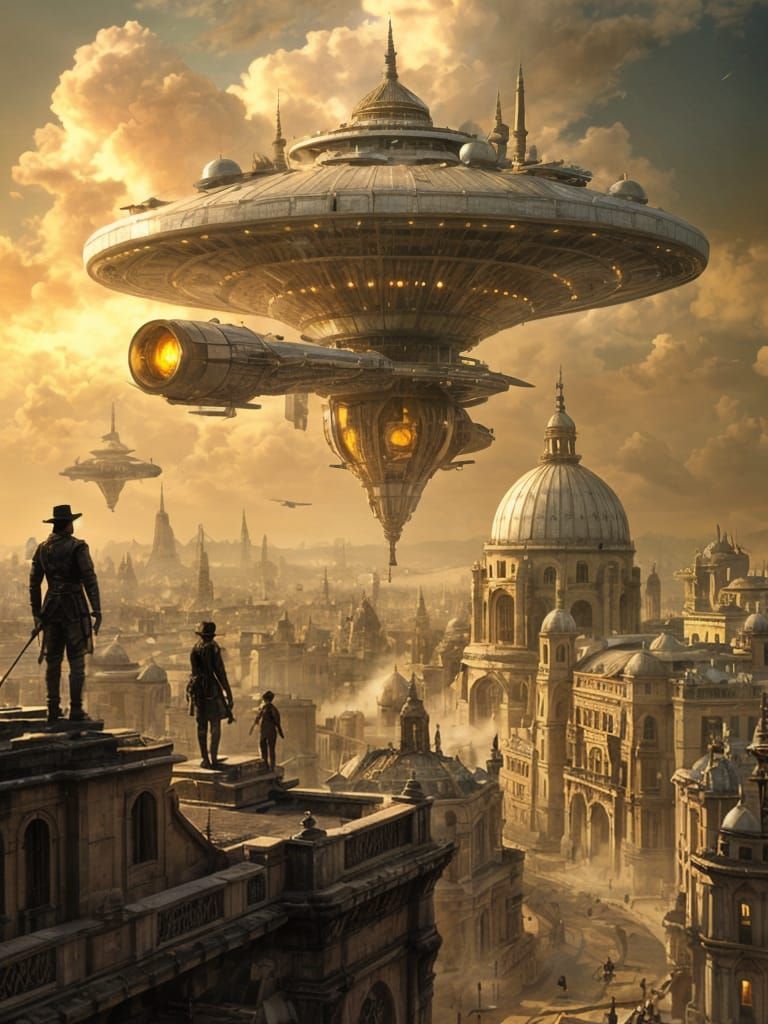 Ethereal Victorian Starship Soars Over Neo-Futuristic Paris