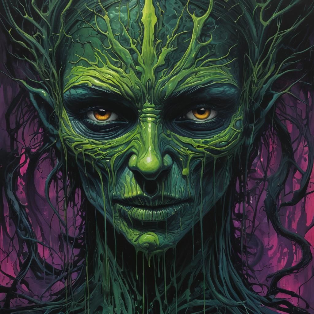 Neon Swamp Witch in Expressionist Oil Paint Style