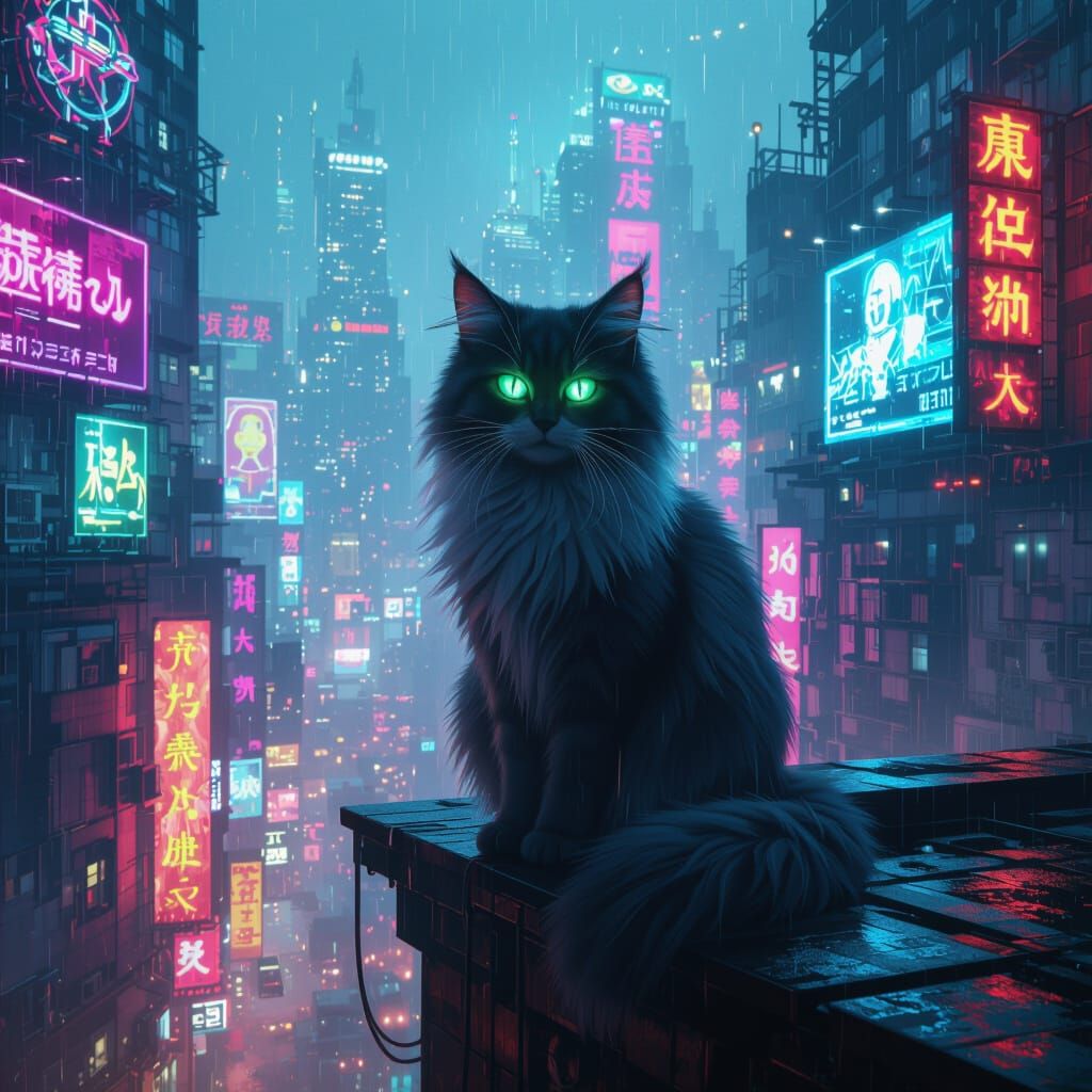 Mystical Cat Over Neon Cyberpunk City