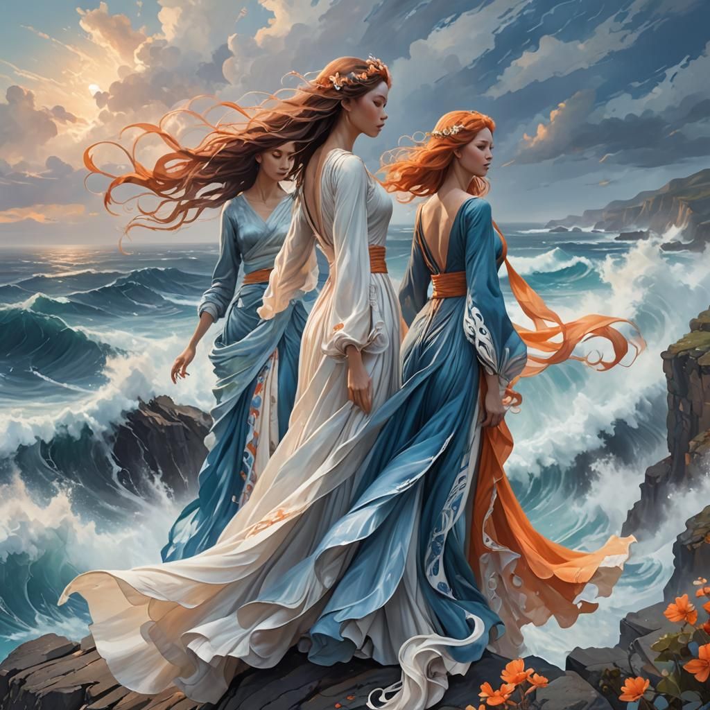 Ethereal Figures Overlooking a Swirling Sea in Painterly Sty...