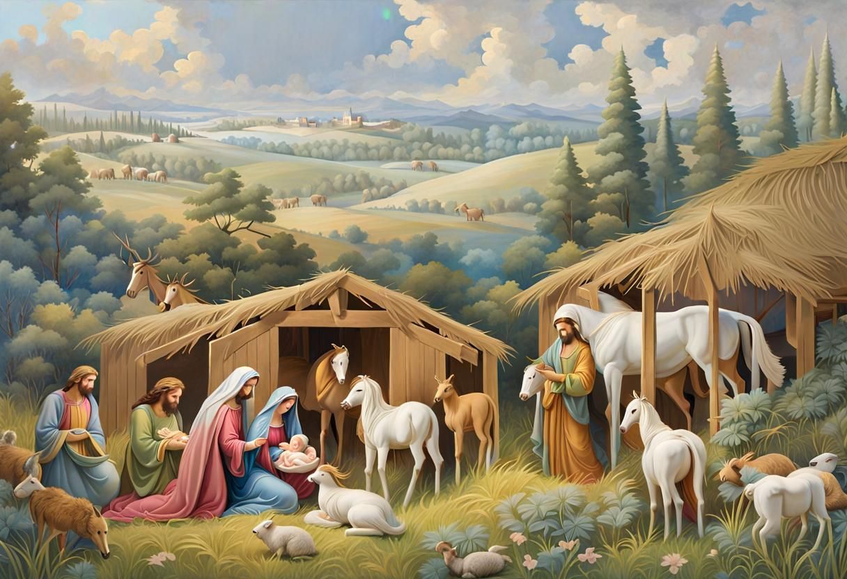 Nativity Scene in Gouache and Watercolor Style