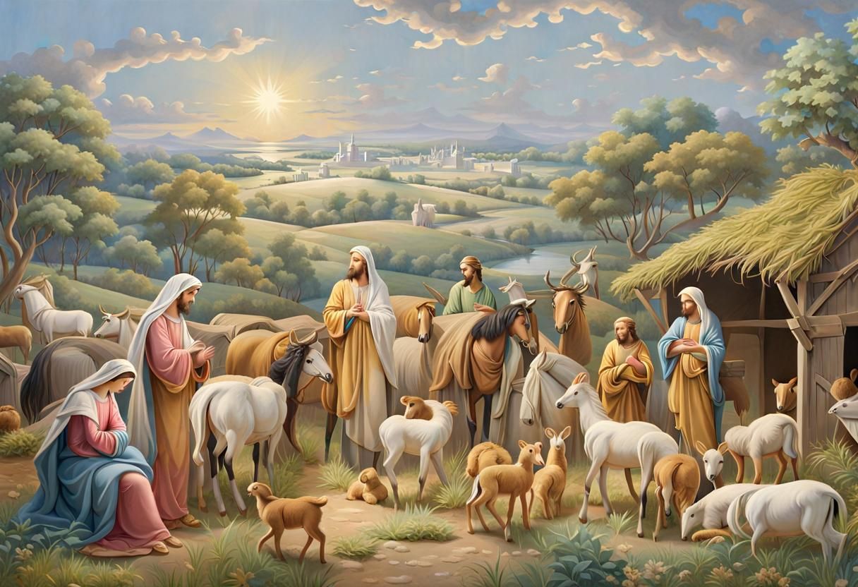 Nativity Scene: Stylized Inked Art in Pastel Colors