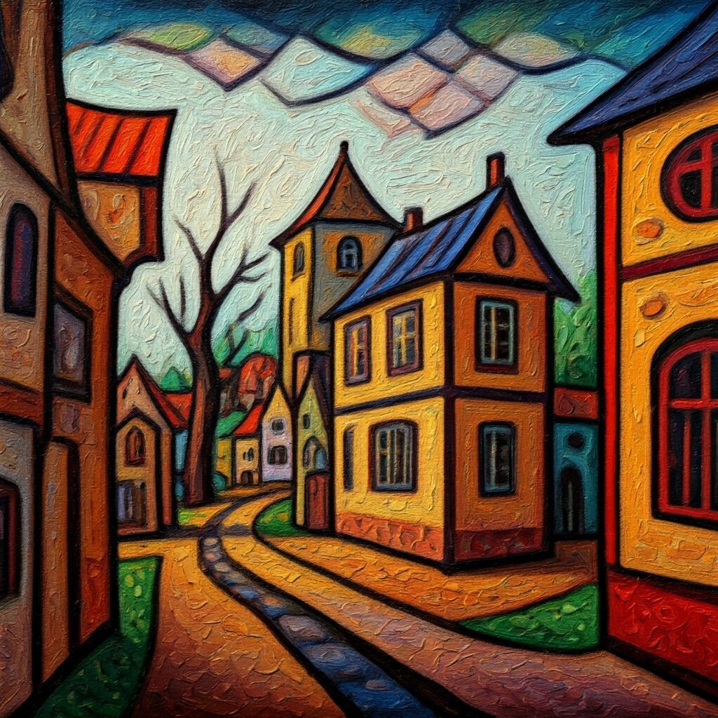 Colorful Abstract Village Scene in Naive Art Style