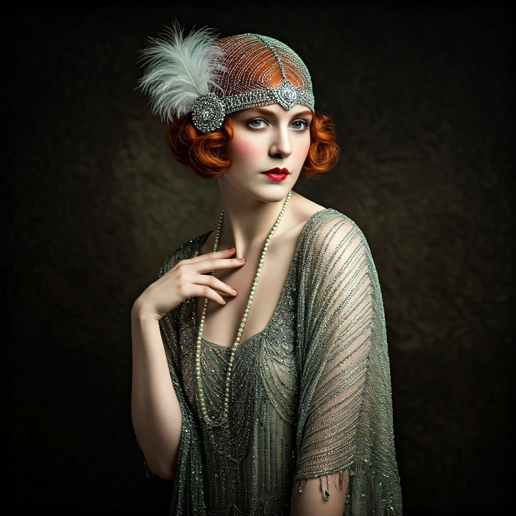 Elegant Flapper Lady in Shimmering Silver Beaded Attire