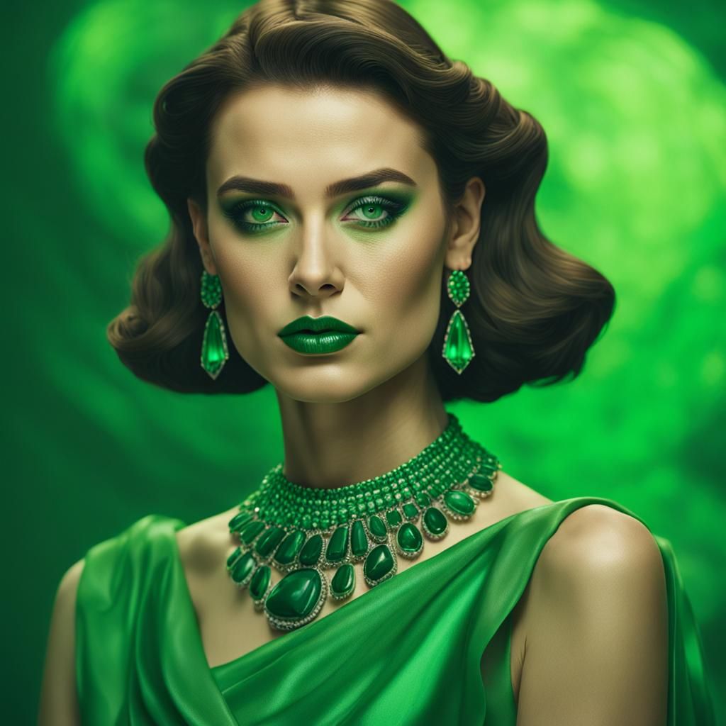 Beautiful Woman Portrait with Emeralds in Hyperrealistic Sty...