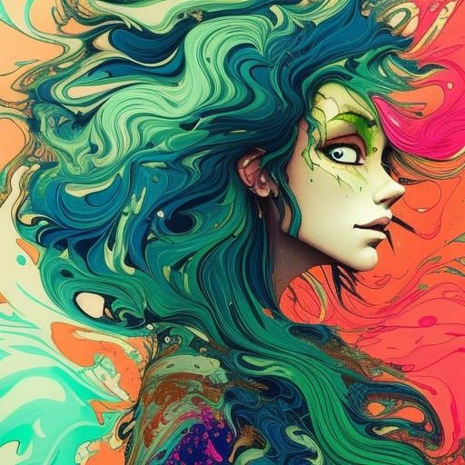 Green-Haired Girl: Hyperdetailed Gouache Illustration