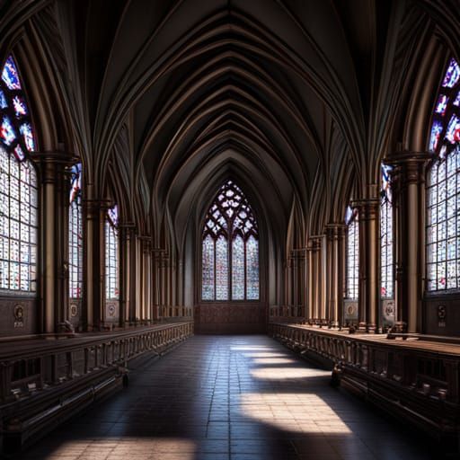 Gothic Abbey Cloister with Stained Glass