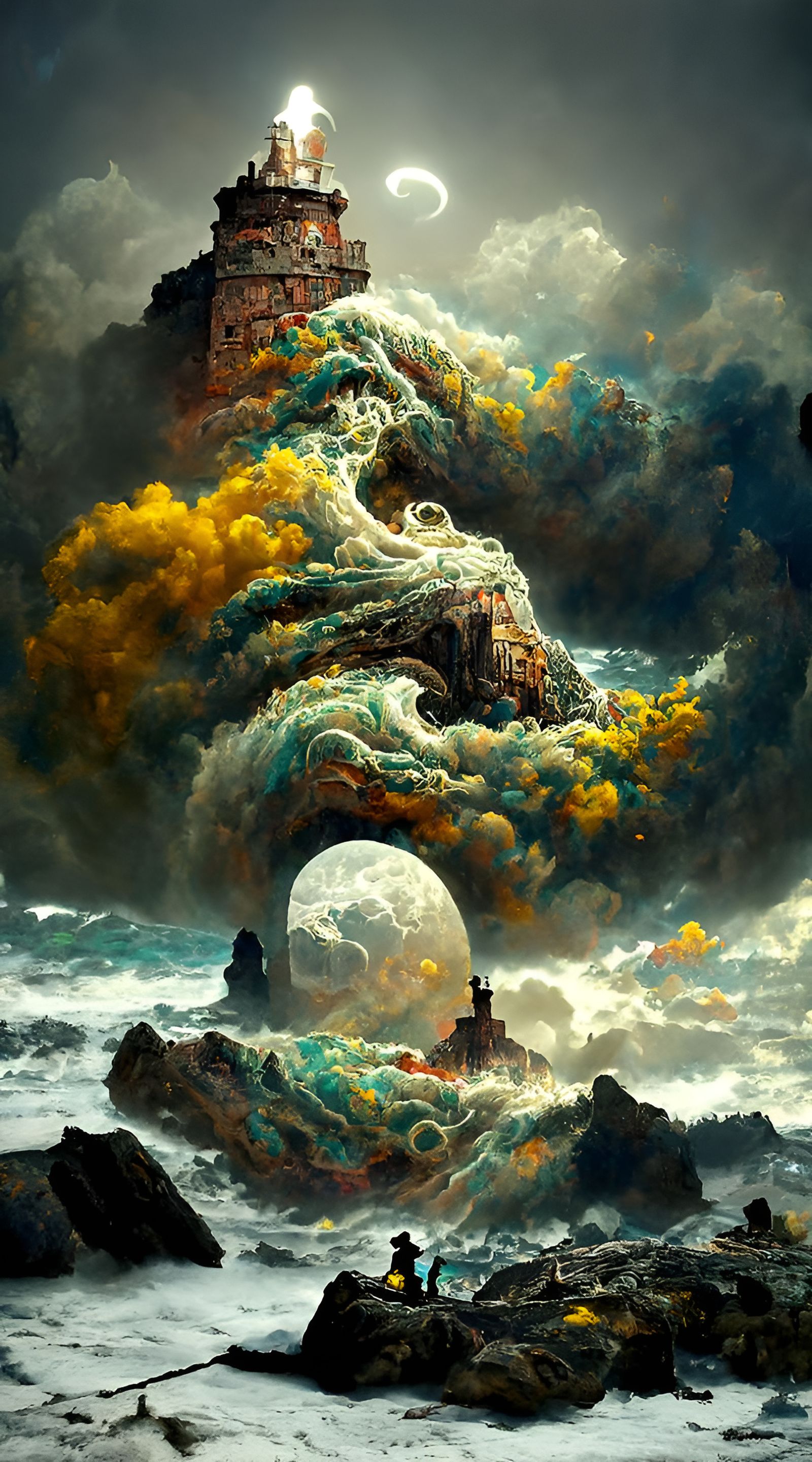 Surreal Ocean Waves Crash Above Tower