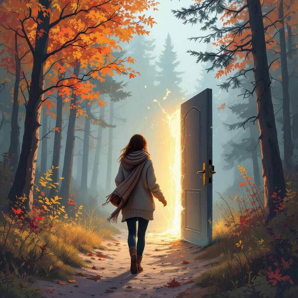 Woman Finds Glowing Door in Autumn Forest
