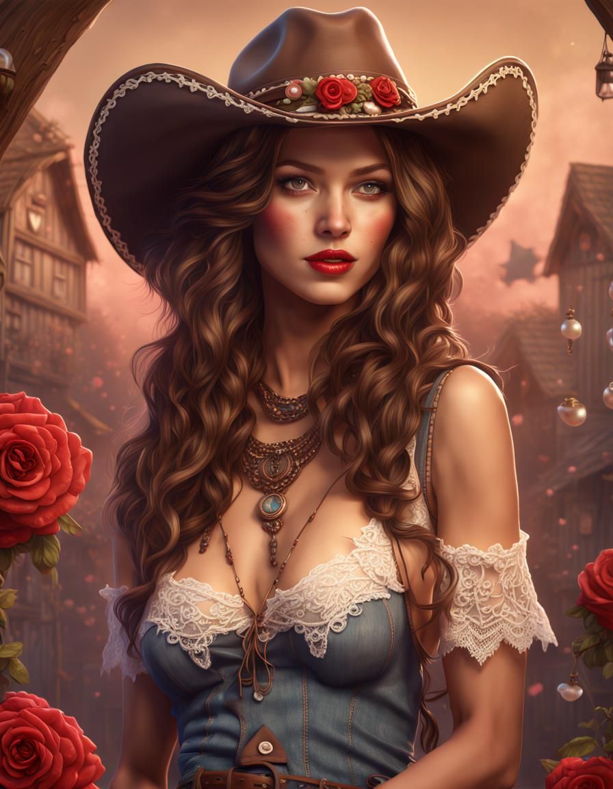 Boho Cowgirl Pin-Up with Roses and Hearts