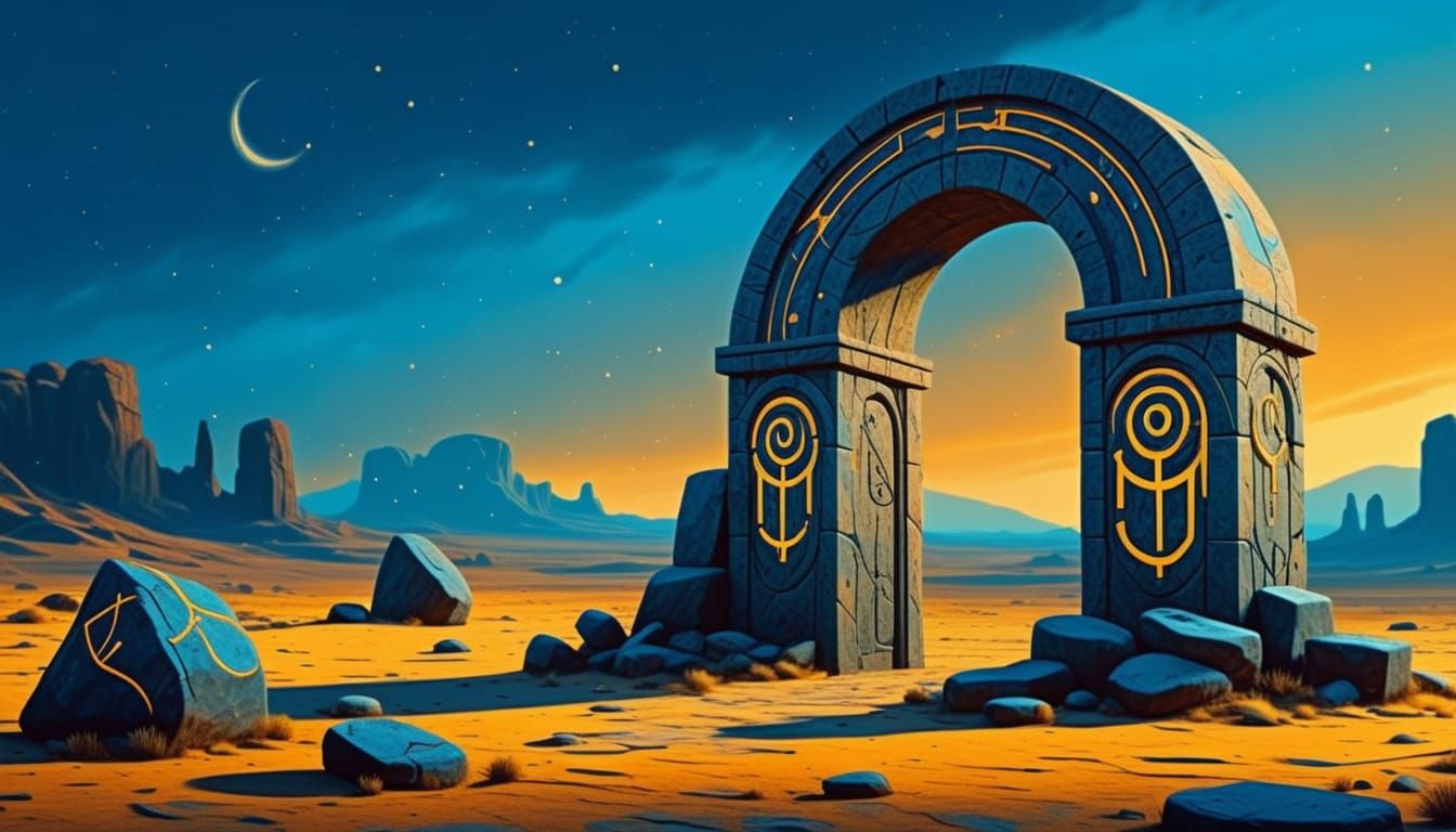 Desert Archway with Glowing Runes in Dark Fantasy Style